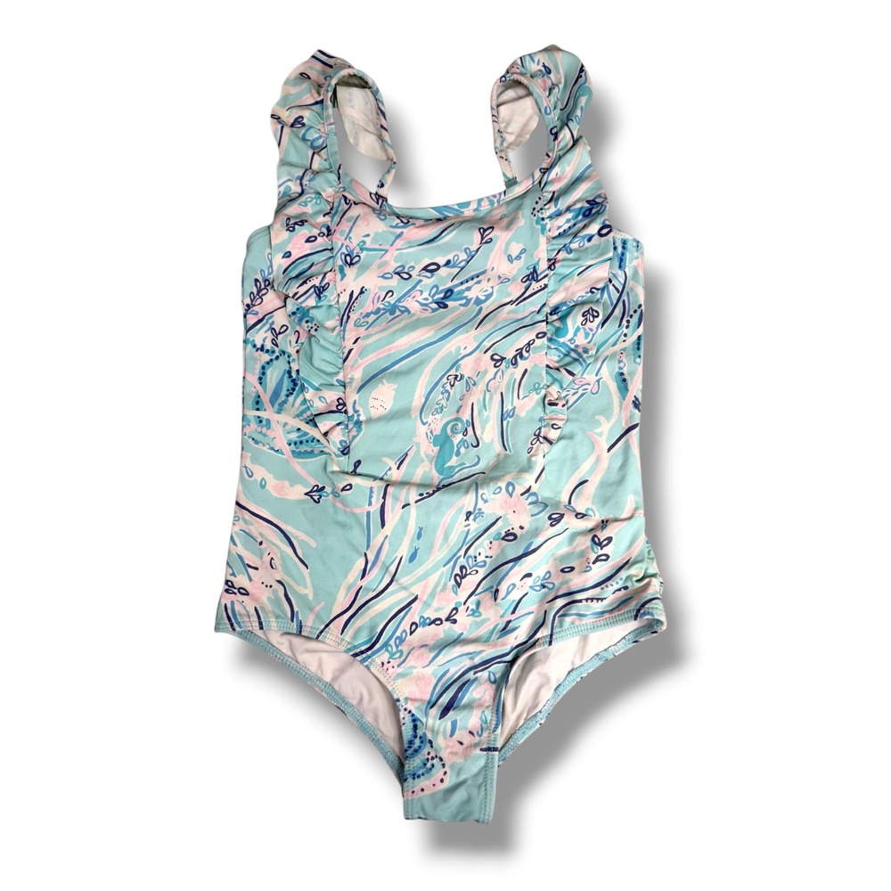 Lilly Pulitzer Girls 6 Ariana UPF 50+ One Piece Swimsuit Ruffle Underwater Print